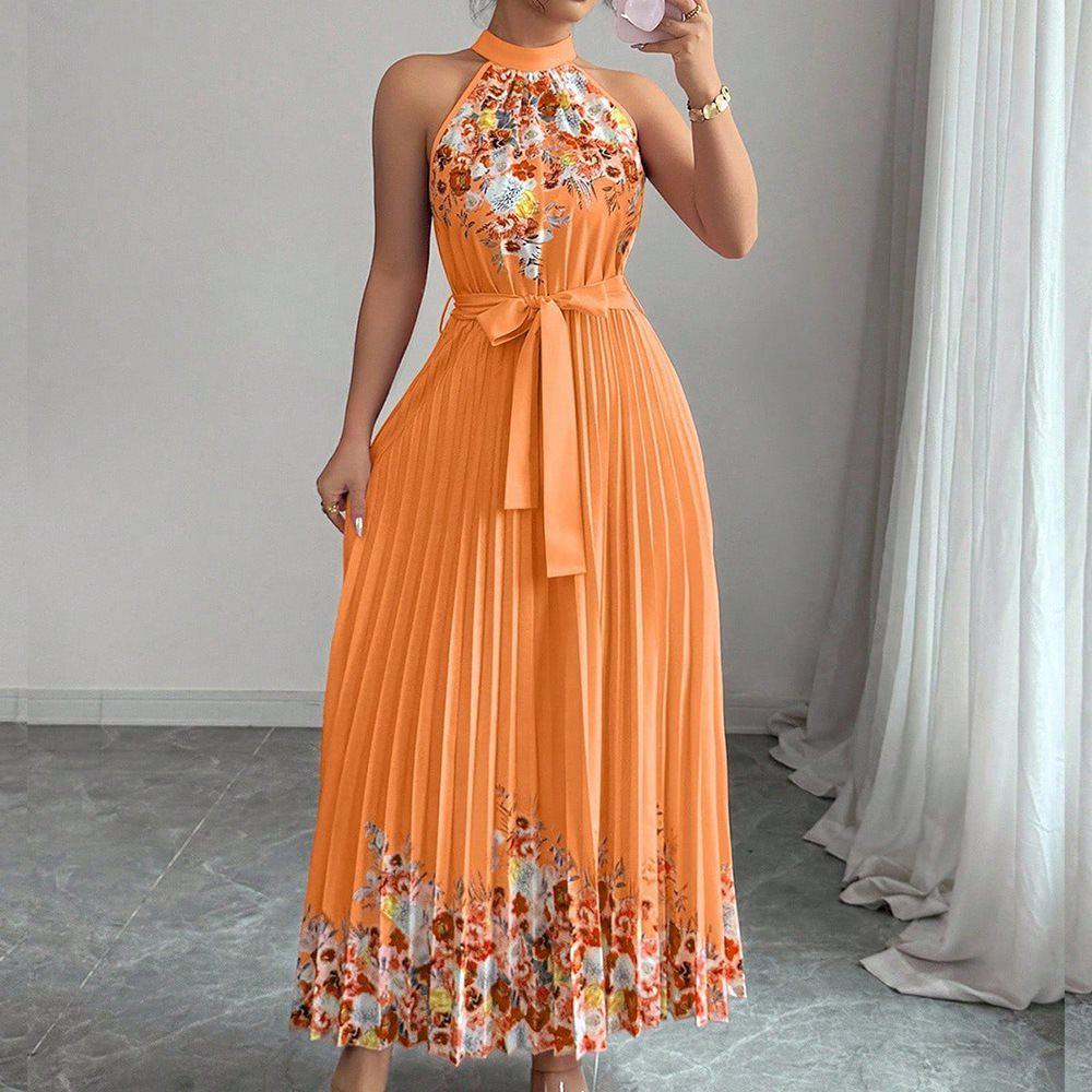 2025 European & American Style Women's Printed Pleated Long Dress