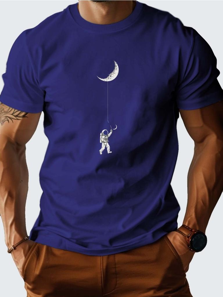 Men's Summer Astronaut Kite Moon Pattern Printed Fashion Casual Loose Round Neck Short Sleeve T-Shirt