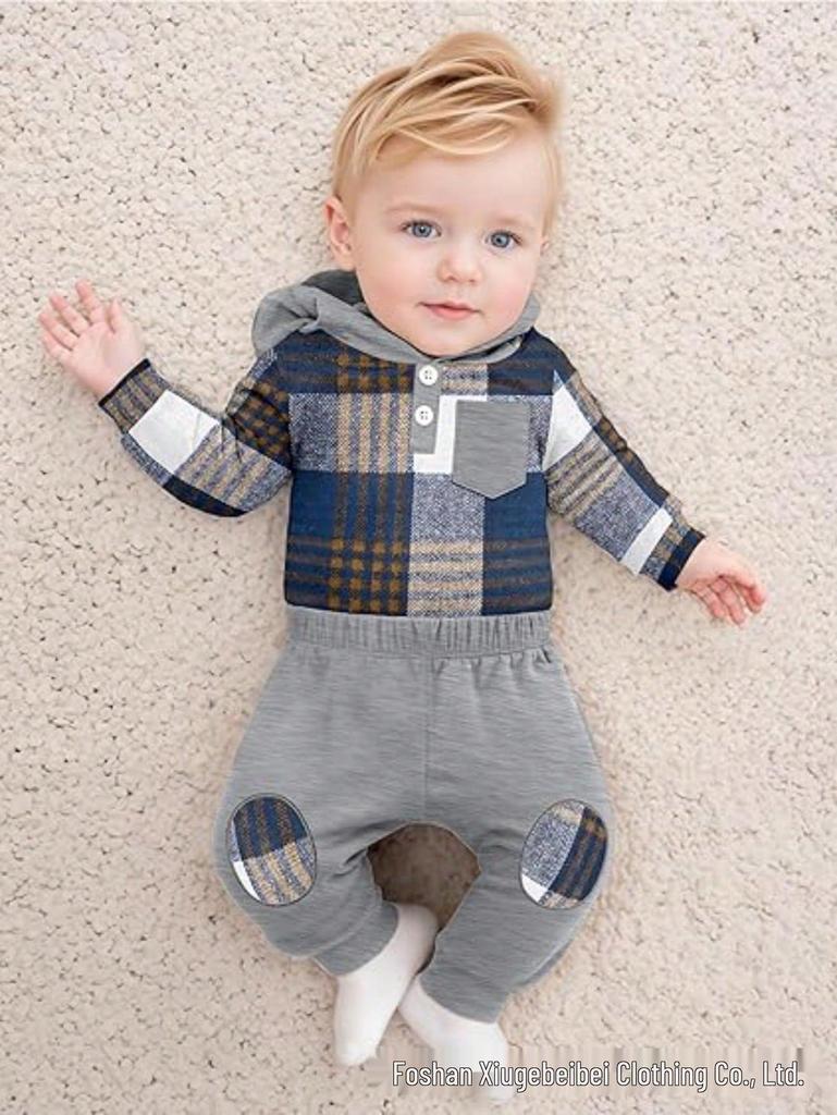 Plaid Hooded Romper & Long Pants Set for Newborns - Autumn/Winter