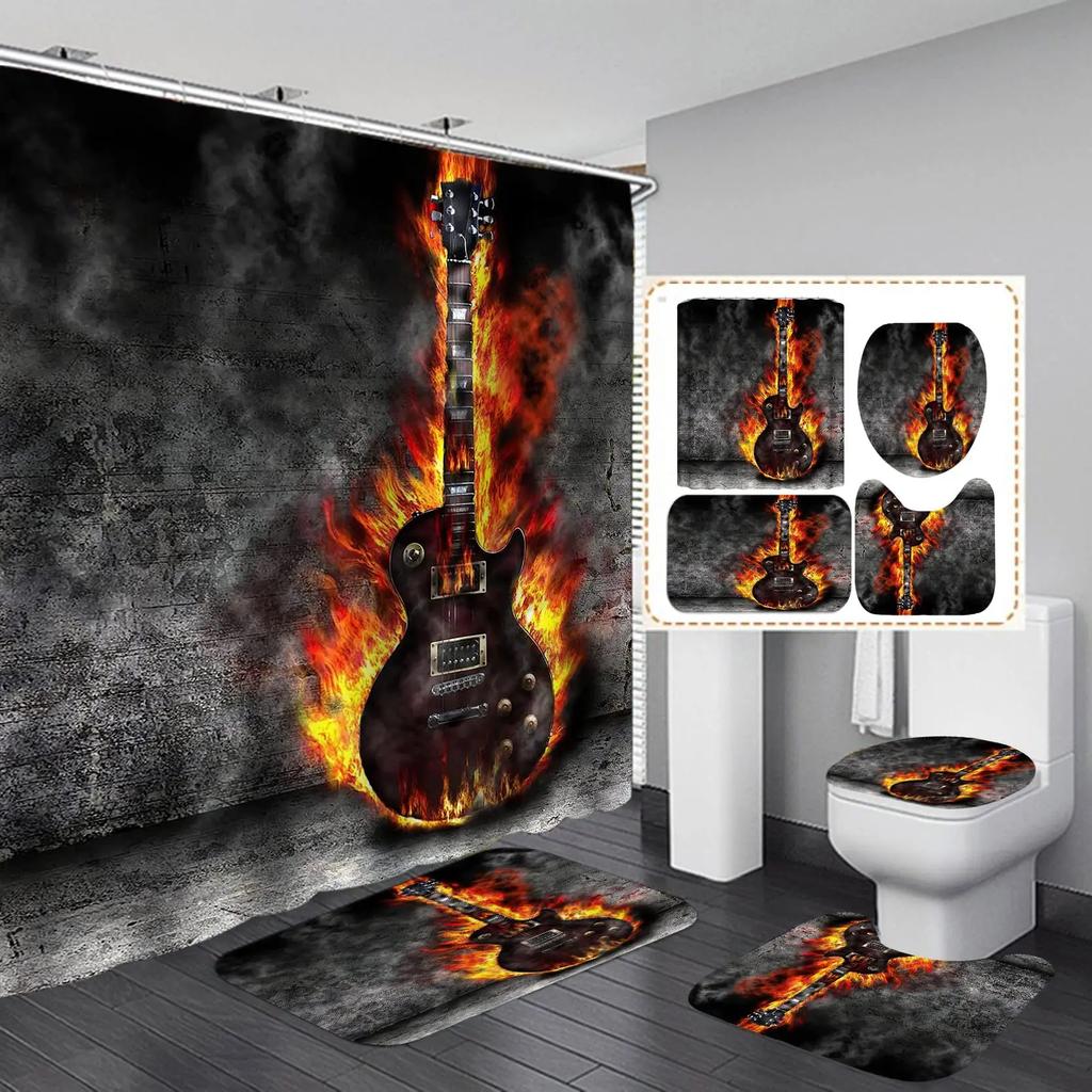 4Pcs Fire Burning Electric Guitar Shower Curtain Sets, Stone Wall Modern Bathroom Sets Waterproof,Non-Slip Bath Rugs Toilet Mat