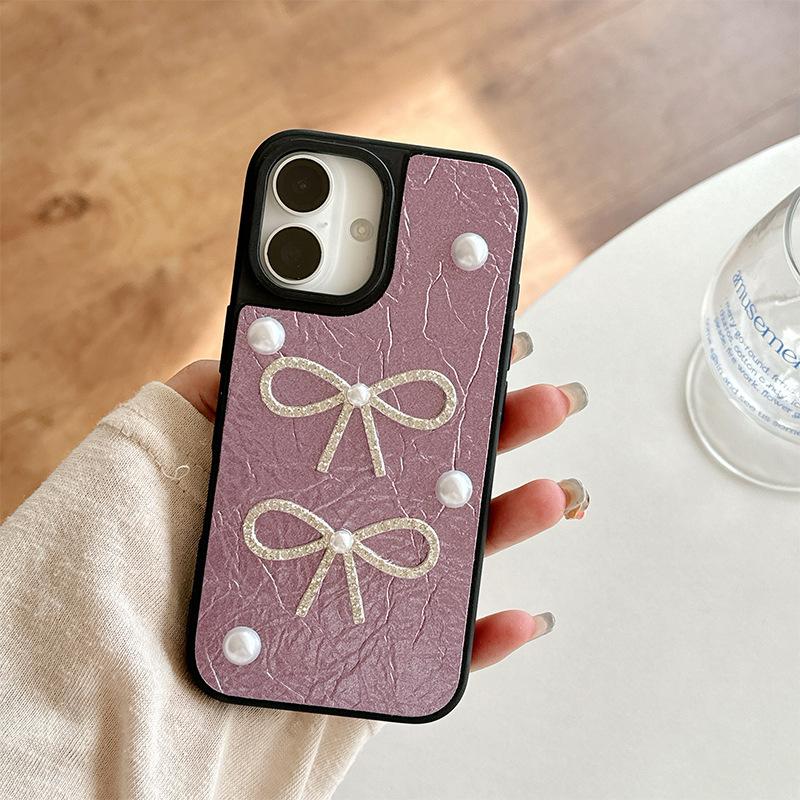 

Pearl Bow Phone Case for Apple 17promax Leather Texture High Quality for IPhone16pro Protective Case For iPhone 17Promax