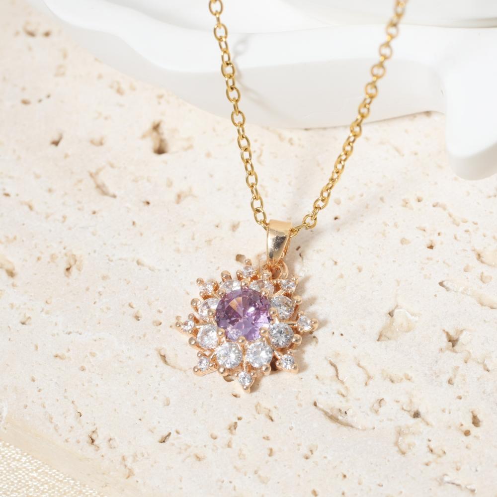 Purple Zirconia Sunburst Pendant Necklace, Golden Tone Sparkly Jewelry for Women
