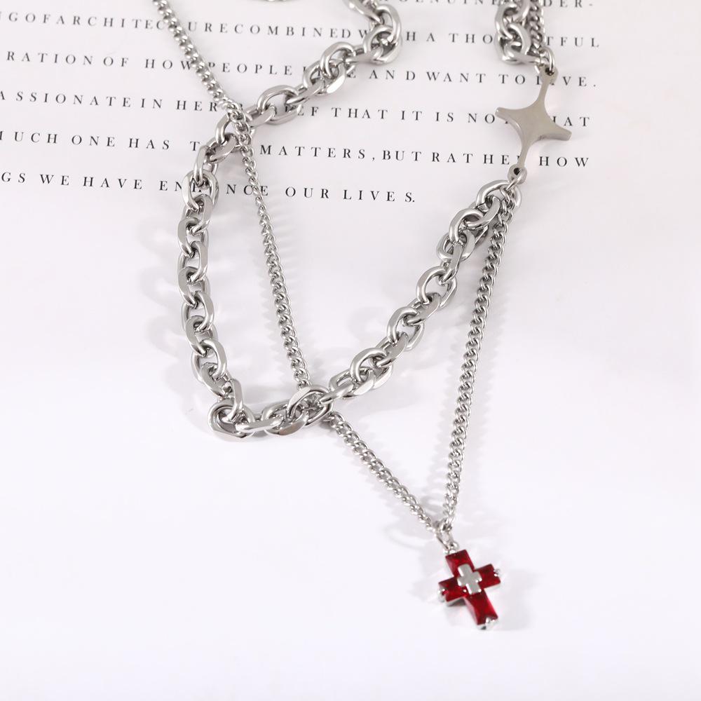 Men's Hip Hop Titanium Steel Multi-Layer Cuban Chain Necklace with Red Cross Pendant