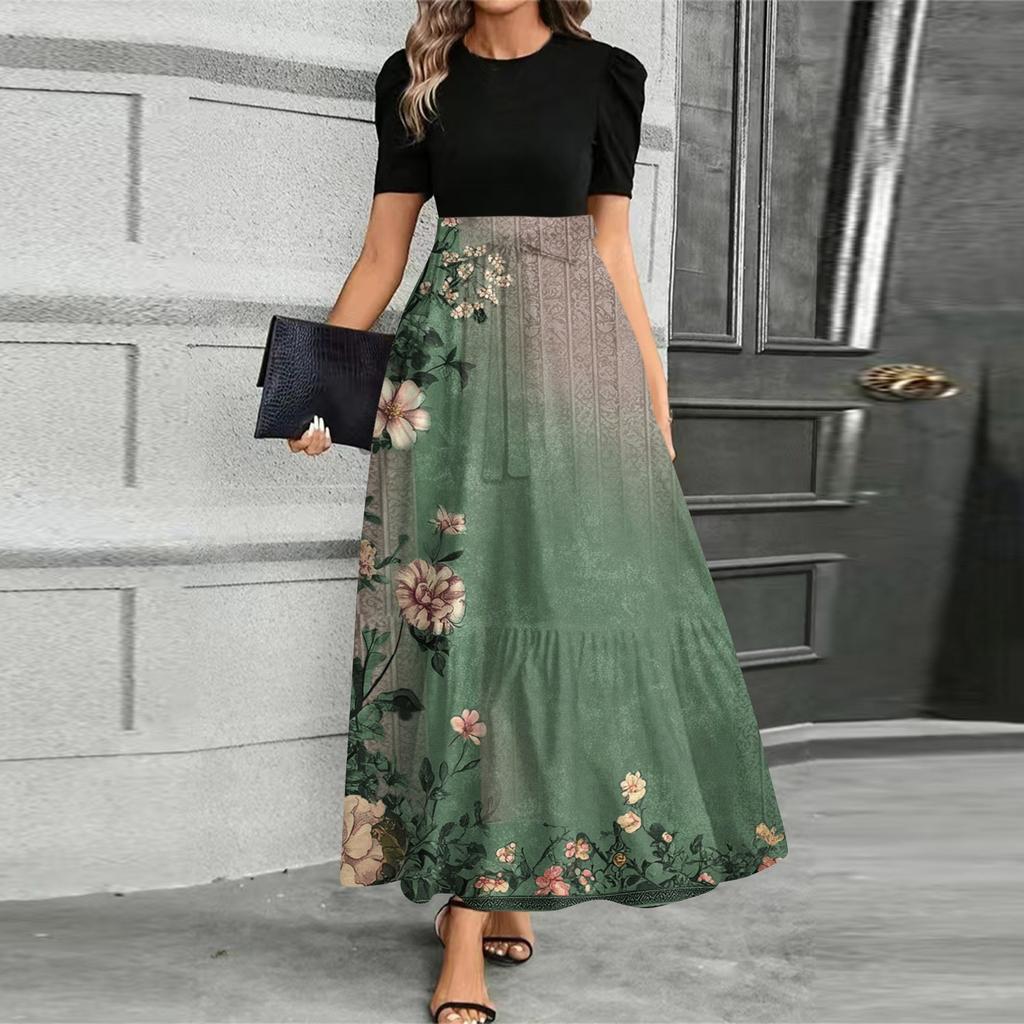 Women's Fashionable Casual Belt Short Sleeved Round Neck Print Elegant Temperament Dress