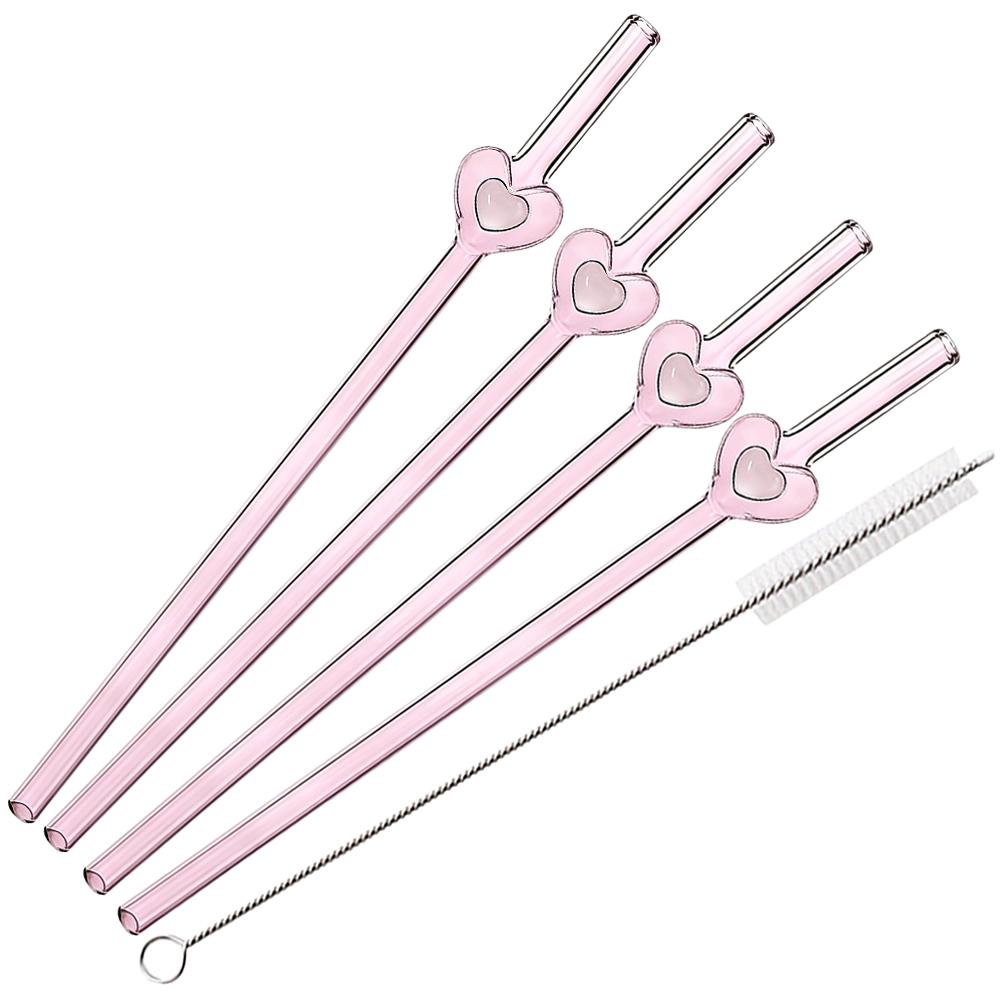 4 Stück Glasstrohhalme Wiederverwendbare Süße Herz-Glasstrohhalme 7,8 Zoll*8mm Glasstrohhalme mit 1 Reinigungsbürste, Valentinstagsgeschenk