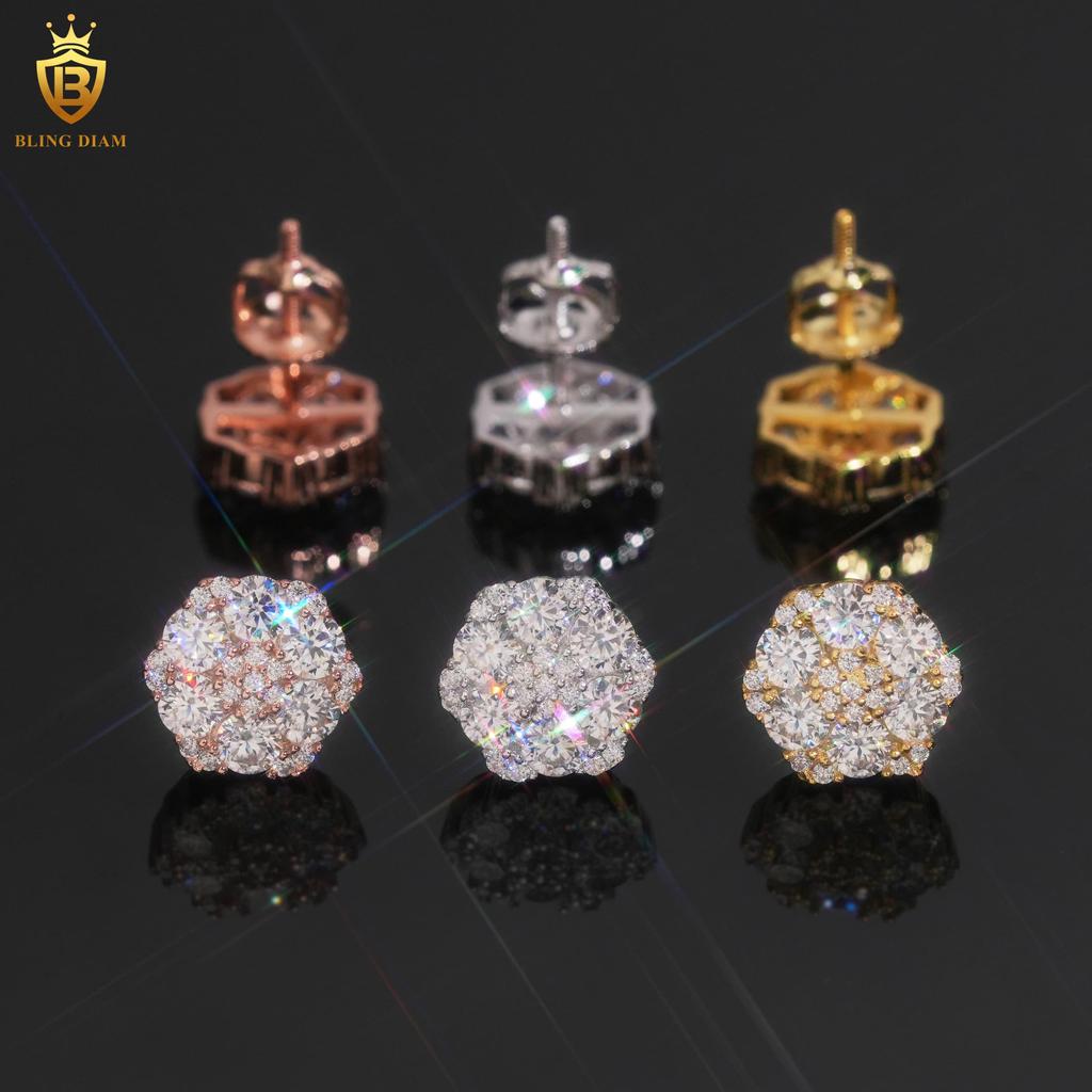 Low MOQ Hip Hop Jewelry Moissanite Iced Out Flower Earrings 10mm Iced Out Moissanite 925 Silver Stud Earrings Jewelry