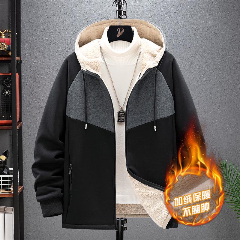 Men's Plush Lamb Fleece Hooded Sweatshirt - Thick, Loose, Warm Cardigan for Autumn and Winter Sports Leisure