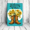 1PC 2D Flat Metal Tin Sign, Welcome Y'all Cowboy Boots Sunflower Wall Decor, Rustic Farmhouse 12x8 Inch Iron Plaque