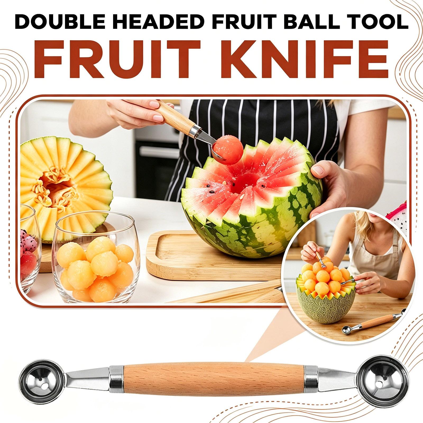 Double Ended Stainless Steel Fruit Scoop with Wooden Handle Melon Baller and Fruit Separator Spoon for Kitchen Use One Size