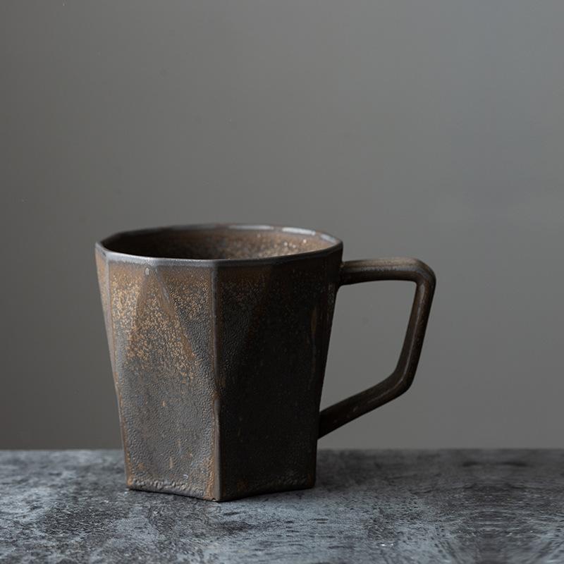 Polygonal ceramic coffee cup coarse pottery Japanese mug creative cup gift preferred water cup gift recommendation