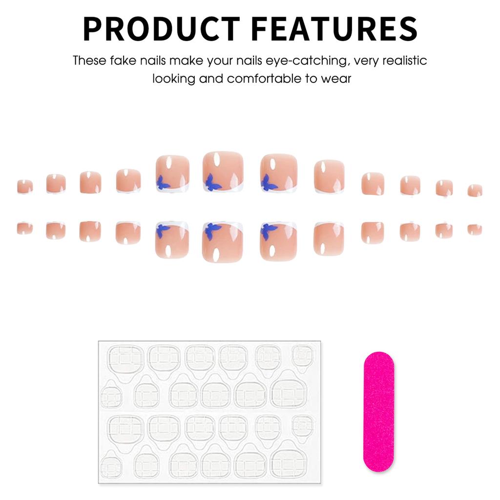 24Pcs French Style Butterfly Toe Nails with Rhinestones Embedded Wearable Artificial Nail Tips for Women