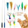 12Pcs Interactive Cat Wand Toys with Telescopic Fishing Rod Tassel/Feather/Furball Cat Teaser Toys for Indoor Cats Play Exercise