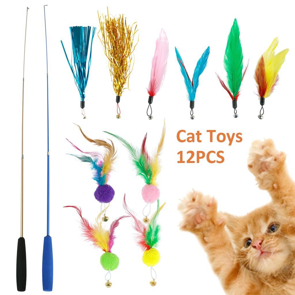 12Pcs Interactive Cat Wand Toys with Telescopic Fishing Rod Tassel/Feather/Furball Cat Teaser Toys for Indoor Cats Play Exercise
