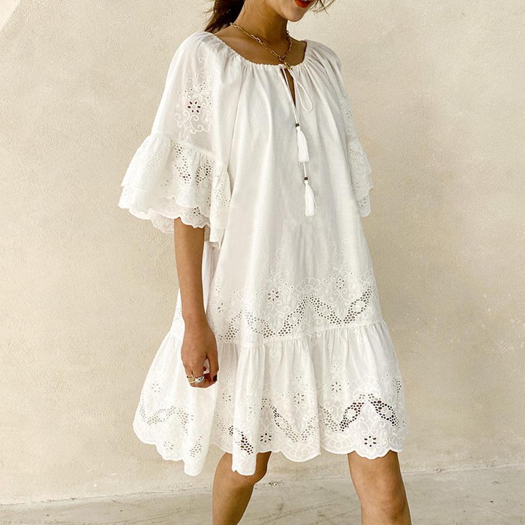 2025 Summer European-American White Lace Cotton Short Sleeve Commuter Dress