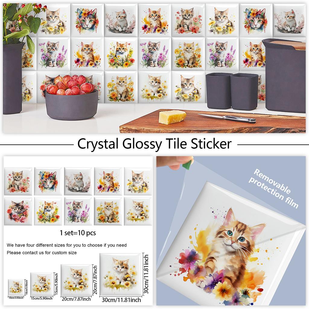 10Pcs Watercolor Flowers Cute Pet Wall Stickers Imitation Brick Bedroom Decoration Waterproof Self Adhesive Tile Wallpaper Kitchen Cupboard Decor