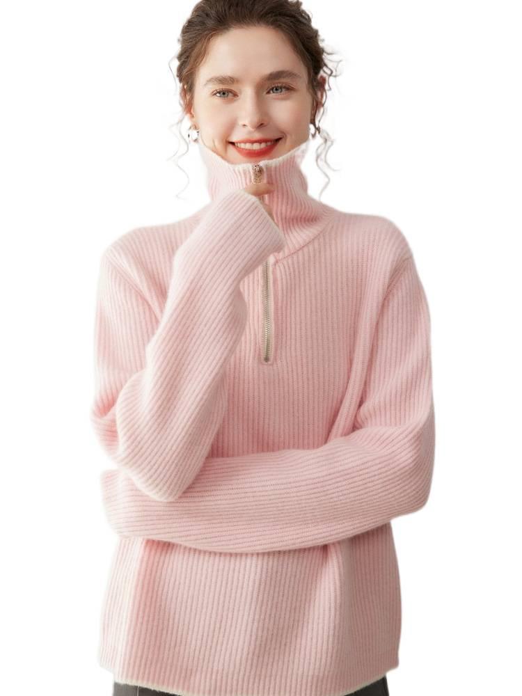 Women's Cashmere Half-Zip Rib Knit Sweater with Lapel