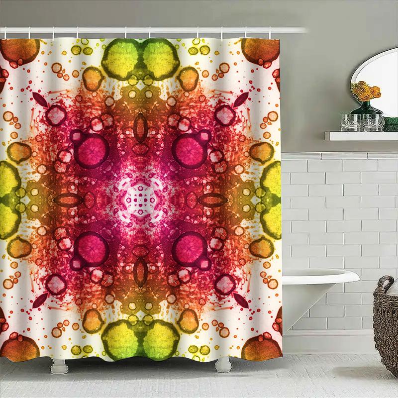 Modern Bathroom Shower Curtain with Watercolor Floral Print Pink Yellow Orange Red Green Colorful Design Artistic Shower Panels