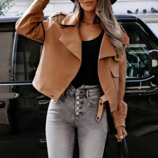 Lady Coat Turn-down Collar Solid Color 
