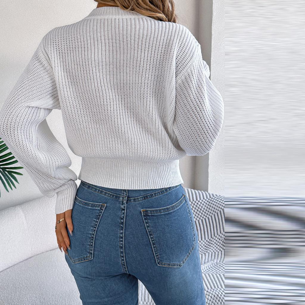 Women's Fashion Solid Color Cable-knit Long-sleeved Waist Pullover Sweater