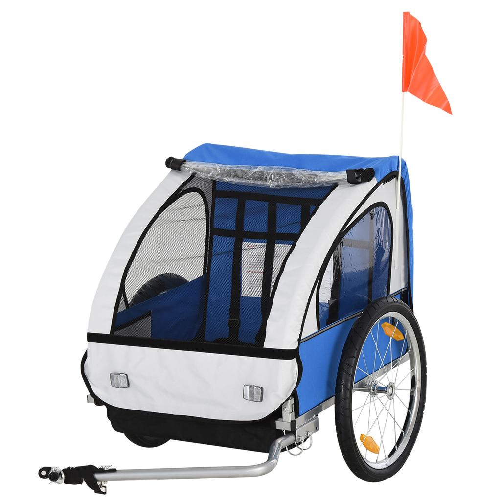 Children's Bike Trailer with 2 Seats, 2 Safety Belts, Steel Frame and Blue Oxford Fabric Cover
