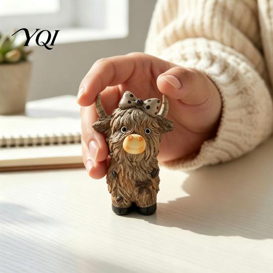 Artistic Farmhouse Tabletop Ornaments Highland Cow Figurine, Resin Coffee Statue for Home Decor, Unique Themed Gifts Country Style Ornament
