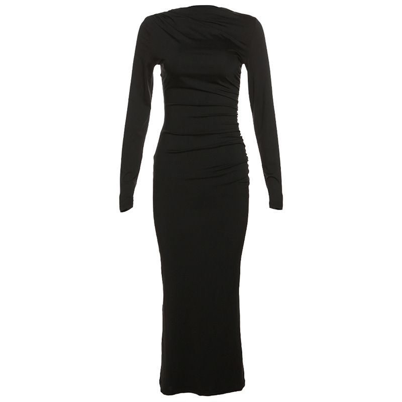 INS Fashion Style 2024 New Arrival Women's Clothing Fashion Round Neck Long Sleeves Silm Hip Bag Pure Color Elegant Dress