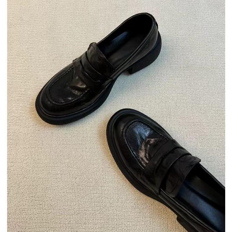 Washed Cowhide~ Retro Leather Platform Small Leather Shoes Women's Round Head Thick Heel Single Shoes British Style One-pedal Loafers