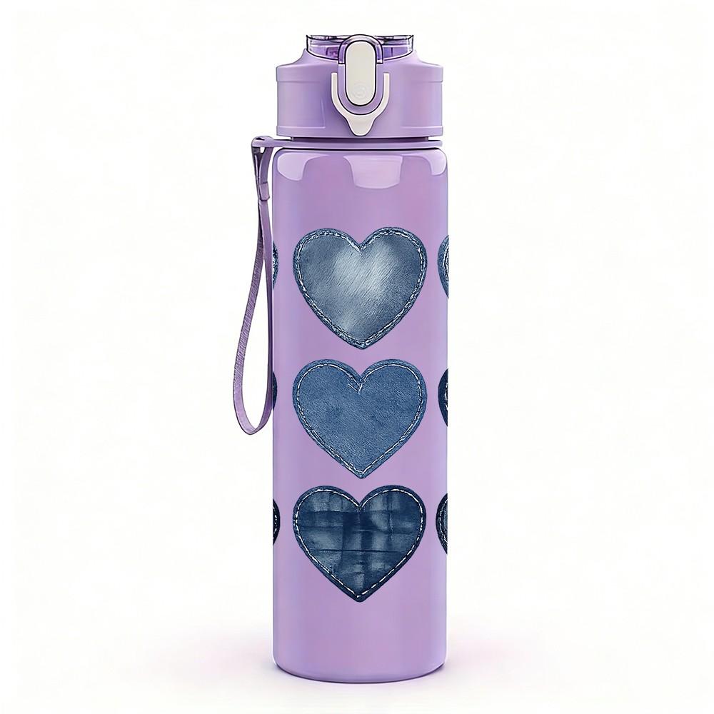 1PC Stacked Multi Shade Blue Heart Print 750ml Color Plastic Sports Water Bottle Leakproof Flip Straw Lid Suitable for Sports Office Home Use