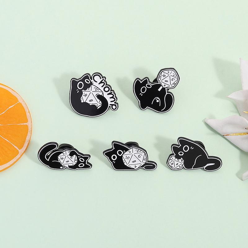 Cool RPG Game Dice Black Cats Enamel Pins Cartoon Big Eyes Kitten Animal Brooches Lapel Badge Fashion Jewelry Gifts For Friends