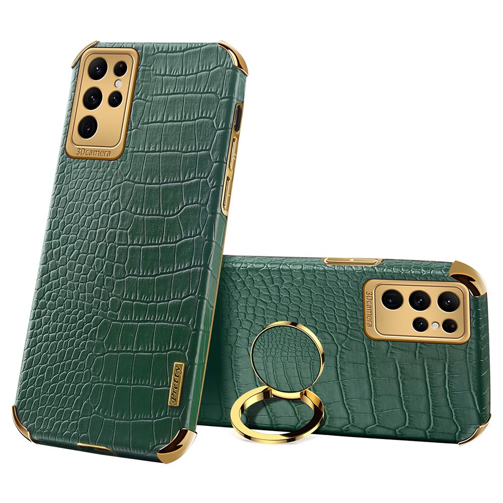 For Samsung Galaxy S24 Ultra Cell Phone Case Crocodile Texture Ring Kickstand Leather+TPU Cover