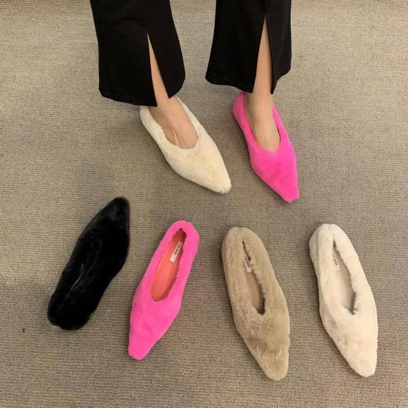 Pointed Toe Fur Ballet Flat Woman Shoes Winter Warm Plush Shallow Loafer Ladies Concise Furry Heeled Dress Shoes  Mujer