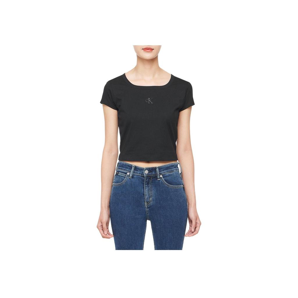 Calvin Klein Solid Color Square Neck Short Sleeve T-Shirt Women Tops Black J223905-BEH