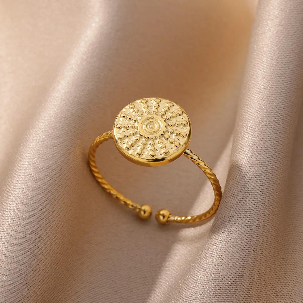 Gold Color Stainless Steel Shell Rings For Women Vintage Oval Blue Stone Adjustable Ring Fashion Party Jewelry Anniversary Gift