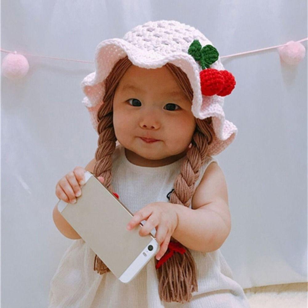 Cute Baby Hat Wig Handmade Newborn Braid Wig Cap Fashion Infant Knitted Hat Wig Photography Props