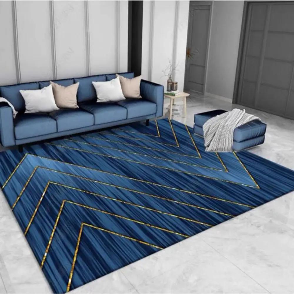 Modern Einfach Nordisch Mode Blau Vergoldet Geometrisch Teppich Rutschfest Waschbar Wohnzimmer Sofa Couchtisch Teppich Schlafzimmer Bett Vorleger