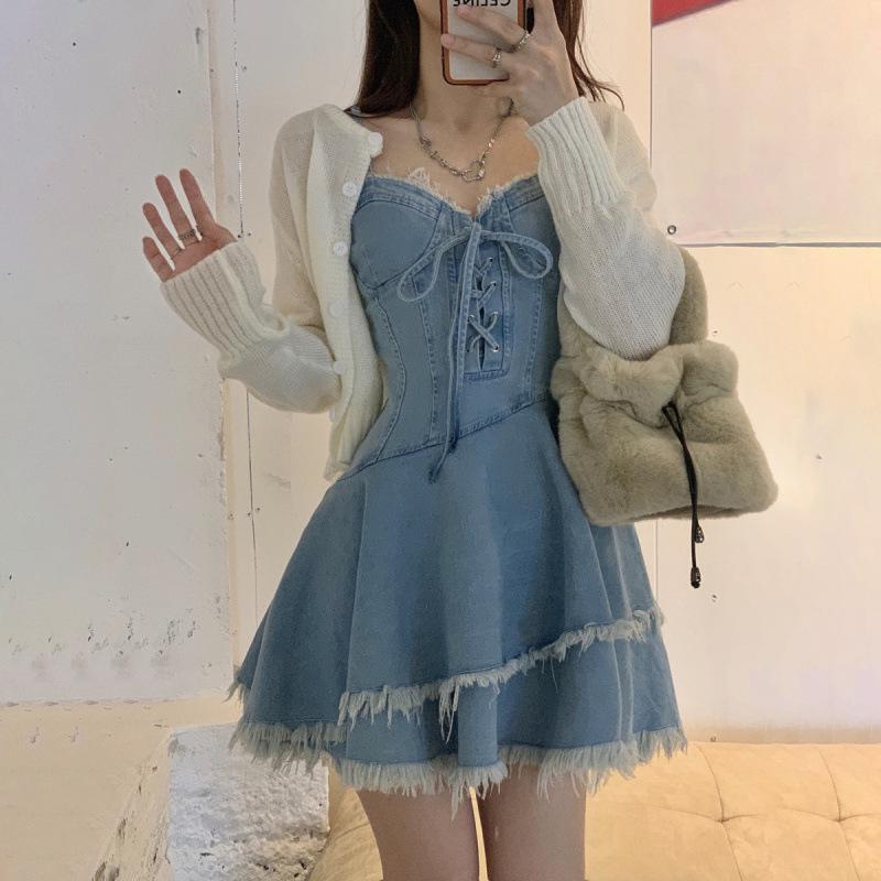 Women s Summer Denim Cake Skirt Dress - Age-Reducing, Tummy Control, Large Size, Fashionable Suspender Style M