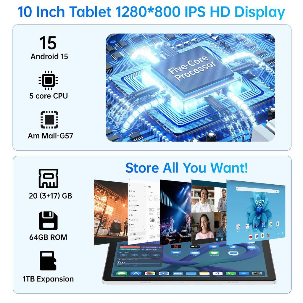 Android 15 Tablet, 10.1 Inch, 20GB RAM+64GB ROM, WiFi, Bluetooth, 5000mAh Battery