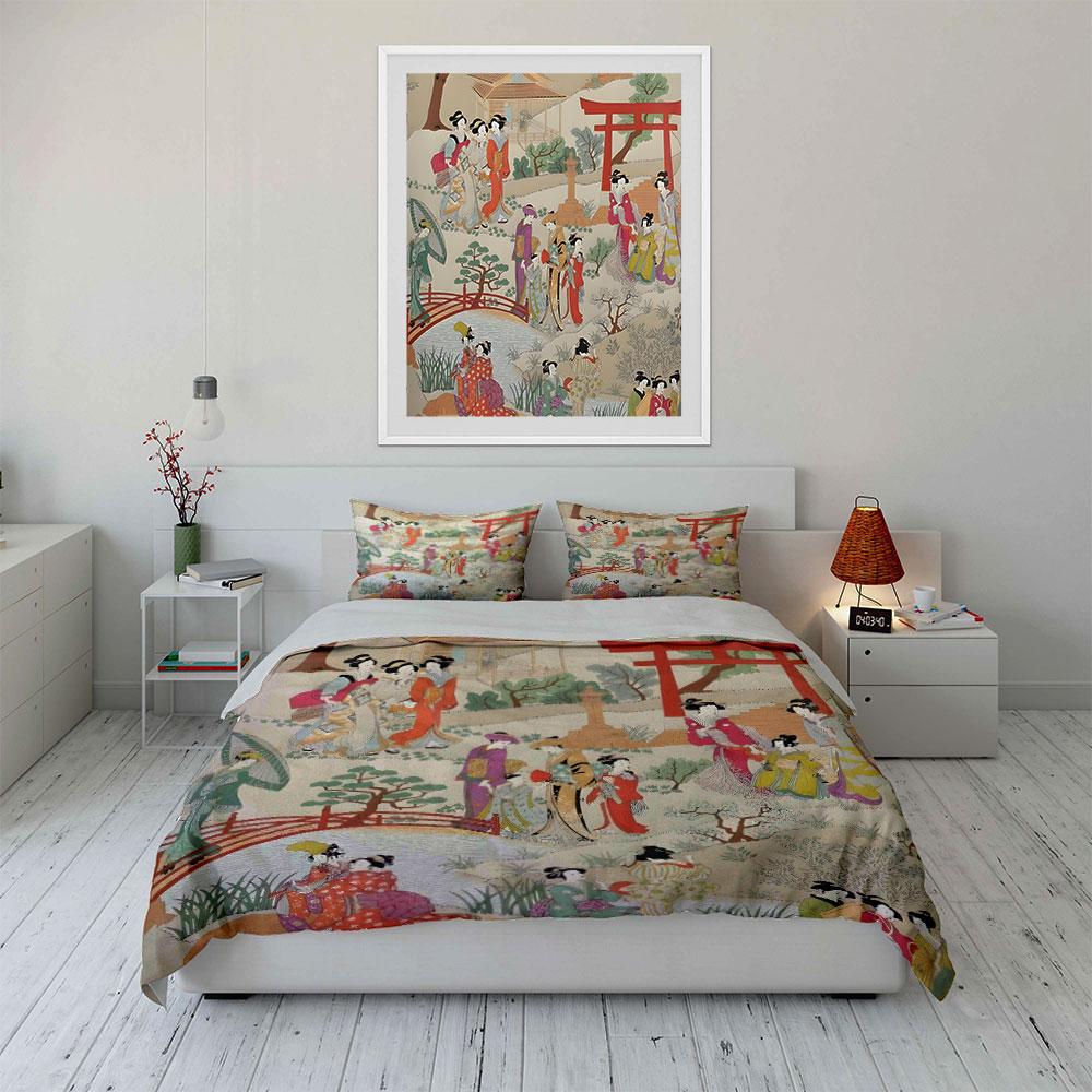 Elegant Japanese Garden Bedding Set 3pcs, Vintage Ukiyo-e Art Print Duvet Cover, Soft Cozy Bed Linens with Torii Gate Design