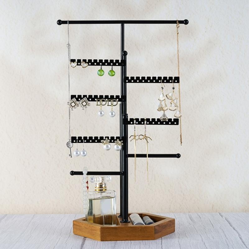 5-Tiers Jewelry Display Organizer Telescopic Earrings Necklaces Bracelets Holder with Wooden Tray Fashion Gift for Women