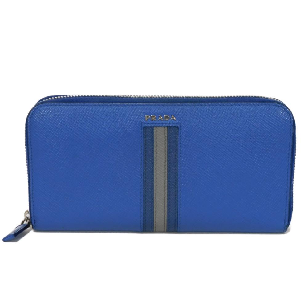Used 11569 Saffiano Stripe Round Zip Wallet 2ML317 7940 Gray Zip Around Logo Metal Blue Unisex from Japan AUTHENTIC