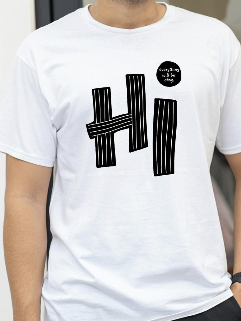 Summer mens pure cotton casual loose fit HI letter pattern printed round neck short sleeved Tshirt top