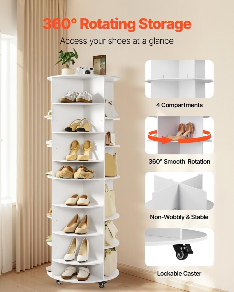 7 Tier Rotating Shoe Rack Tower with Adjustable Shelves, Movable 360° Spinning Carousel Display with Wheels, Lazy Susan Organizer Closet for Bedroom,