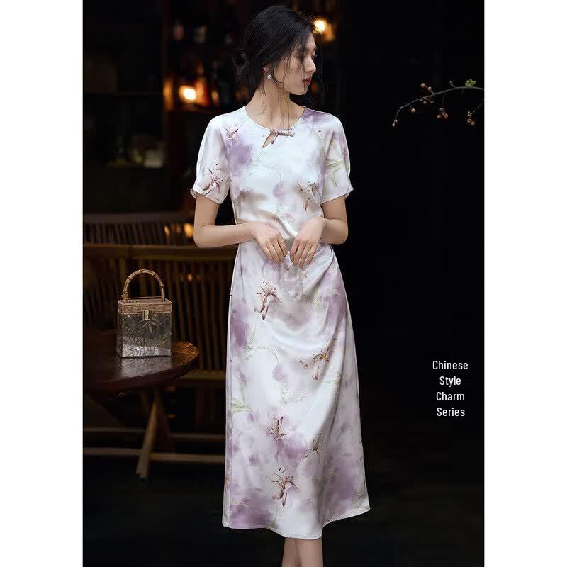 New Chinese Style Satin Print Qipao Dress L