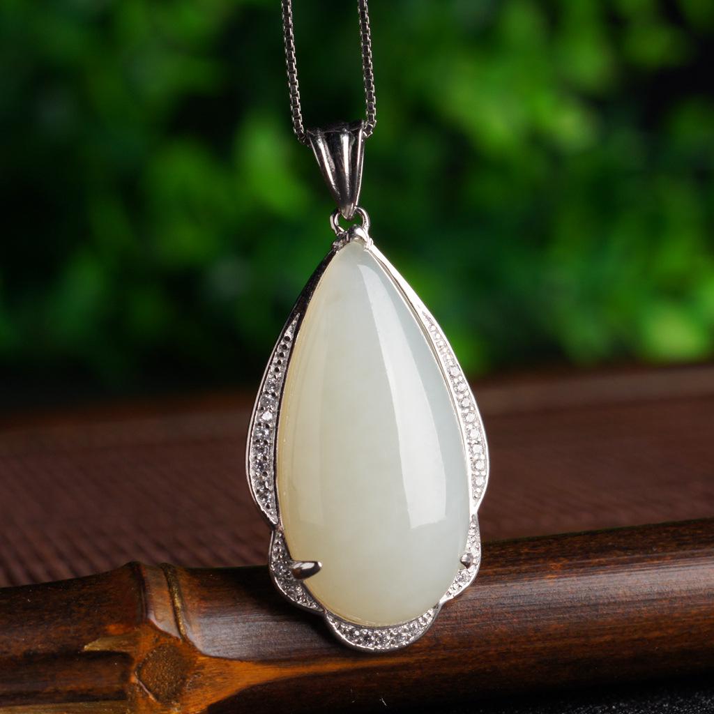 Sterling Silver Teardrop Hetian Jade Pendant Charm with Certificate - New Chinese Style, 925 Silver