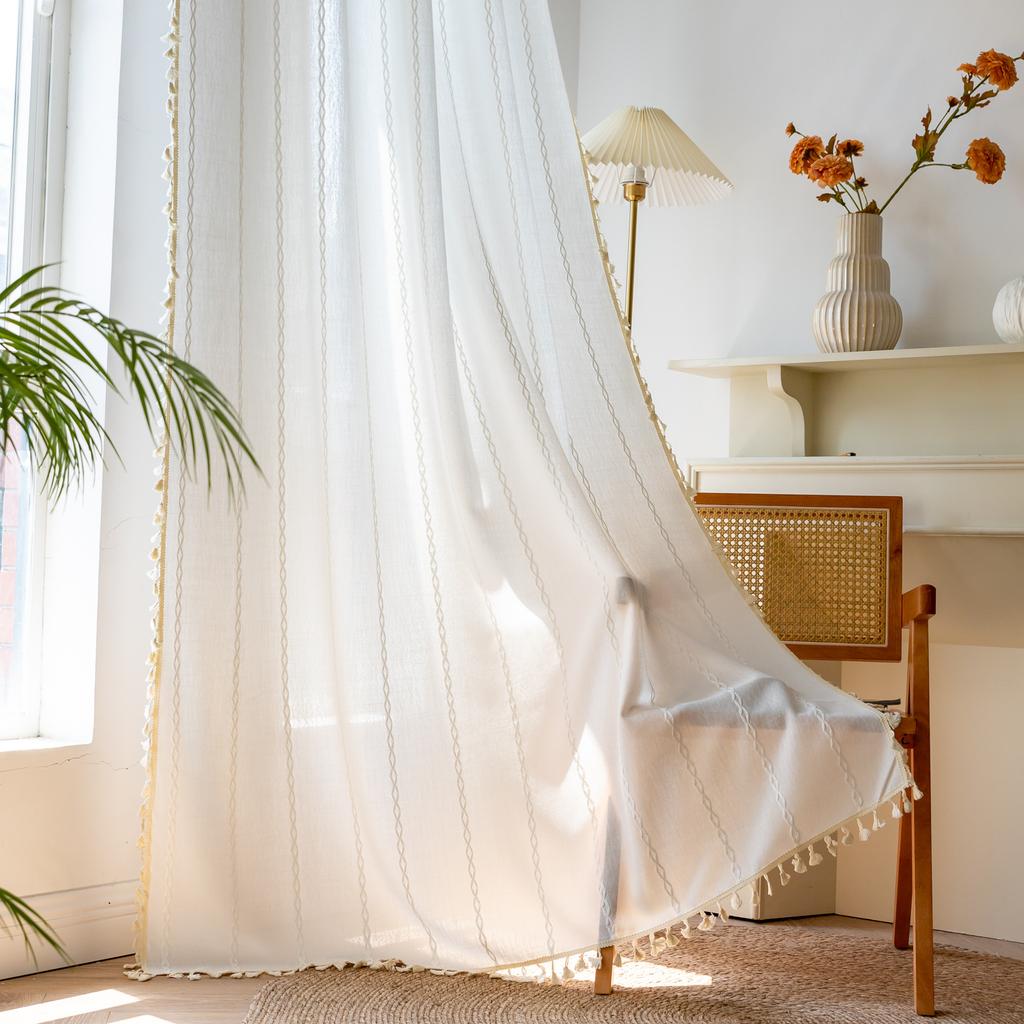 American Curtains Finished Thick Black Bohemian Semi-Blackout Room Living Room Decoration Balcony Floating Curtains