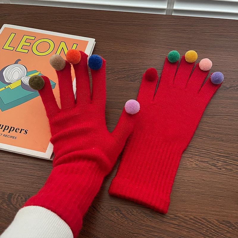 Cartoon Thermal Gloves Women Winter Thickened Cute Couple Student Cold Knitted Wool Riding Five Fingers