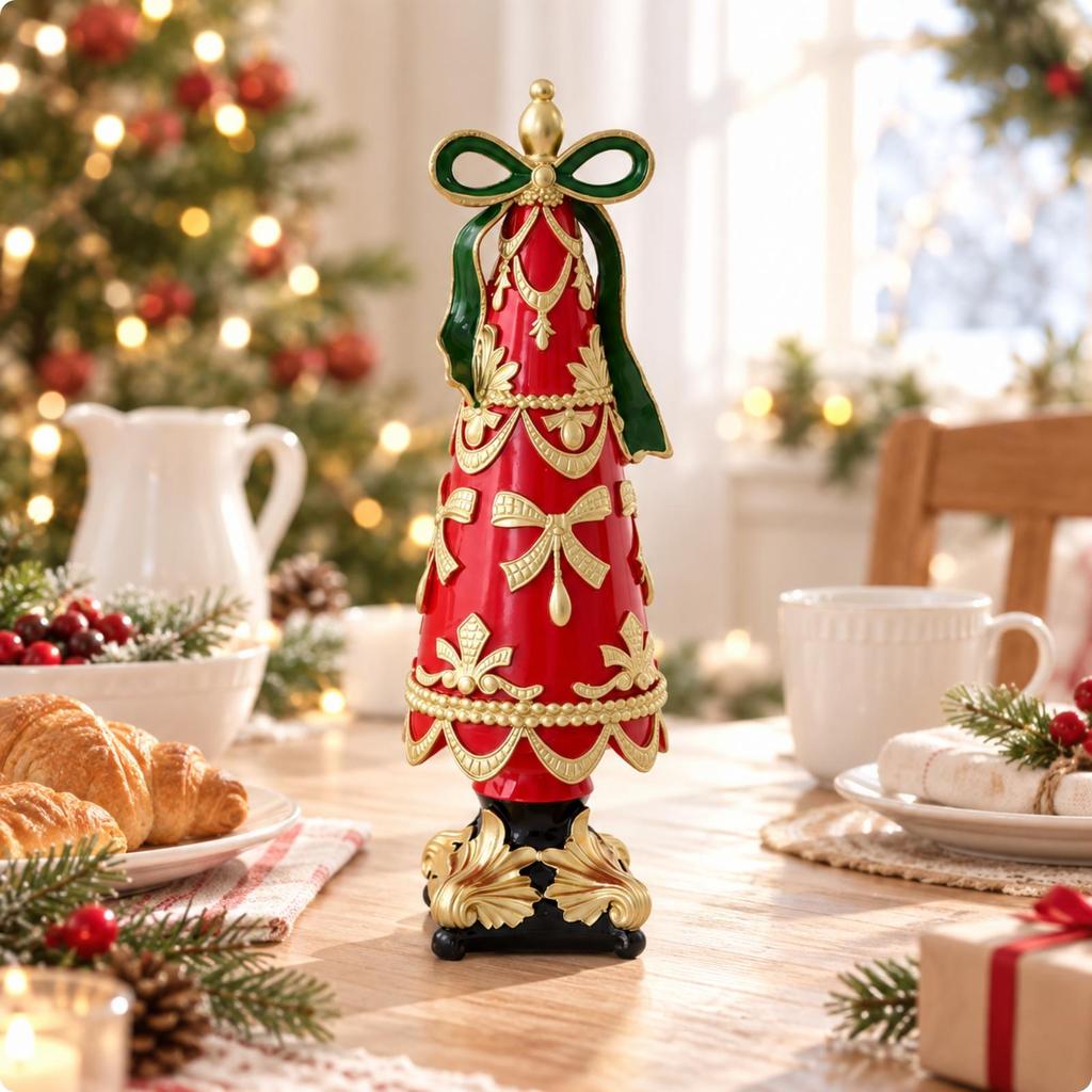 Resin Christmas Tree Figurine Seasonal Tapered Decor with Gold