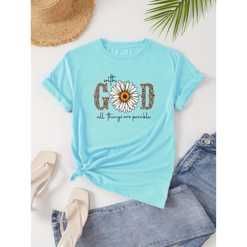 Round Neck Short-sleeved T-shirt with Lettering and Floral Patterns, Suitable for Casual Women's Wear in Spring and Summer