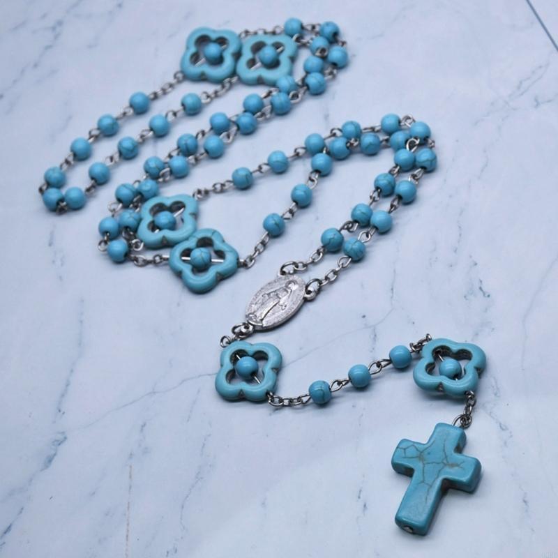 62KD Catholic Turquoise Rosary Necklace Mary Charm Round Bead for Cross Necklaces Religious Praying Fashion Jewelry