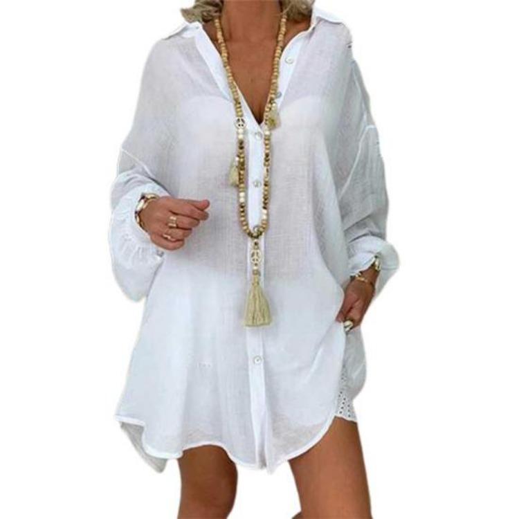 Casual Loose Lapel Shirt Solid Color Single Breasted Lady Party Wear